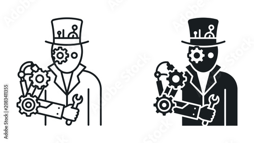 Принти на полотні Steampunk Character Icon: An illustrative depiction of a steampunk character, featuring a top hat with gears, mechanical arm with tools, and cogwheel eye