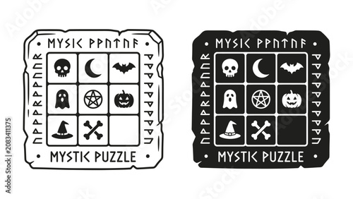 Bild auf Leinwand Mystic Puzzle Icon Set: A collection of mystical and spooky icons, including a skull, moon, bat, ghost, pentacle, pumpkin, witch hat, and crossbones, arranged in a grid for a mystic puzzle game