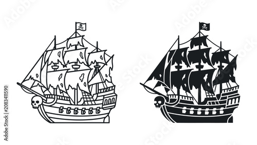 Cuadro en lienzo Pirate Ship Silhouette: Two distinct artistic interpretations of a pirate ship, one as a detailed line drawing and the other as a bold black silhouette