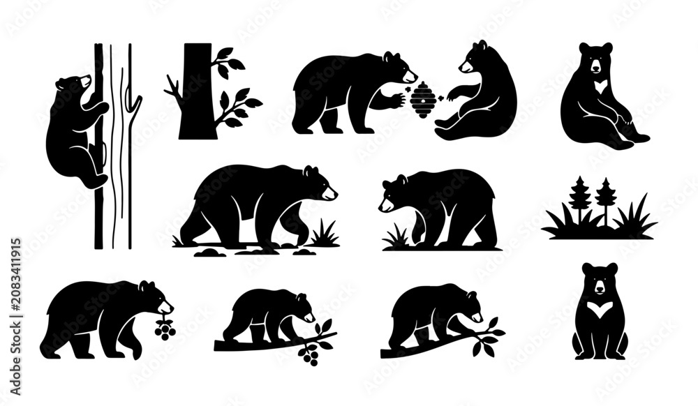 Fototapeta premium Black Bear Vector Icons Set, Wildlife Animal Silhouettes for Nature and Forest Themes, Graphic Elements for Design