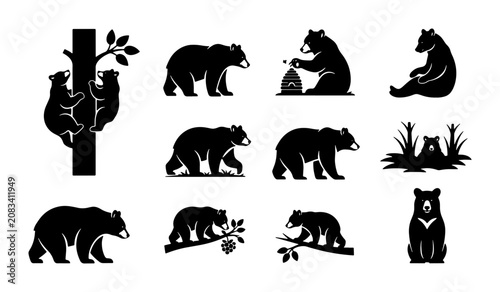 Bild auf Leinwand Bear Icons Set, Wildlife Vector Graphics, Forest Animals Silhouettes, Nature Ele