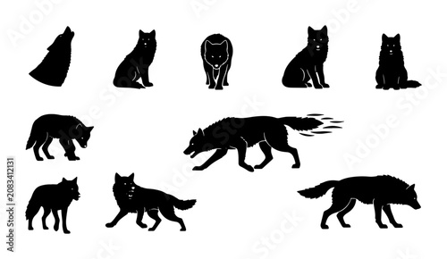 Konstfotografi Black Wolf Silhouettes Vector Set, Wild Animal Poses Collection, Canine Creature