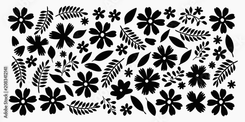 Bild auf Leinwand Black Floral Silhouettes And Leaf Shapes On White Background