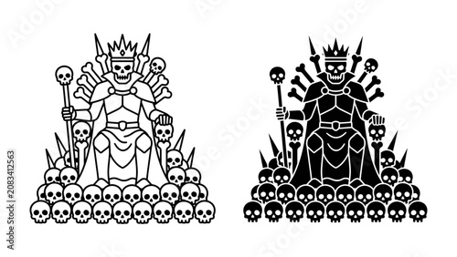 Obraz na płótnie King of Skeletons on Throne: A macabre depiction of a skeletal figure, adorned with a crown and holding a scepter, sits regally upon a throne constructed from numerous skulls