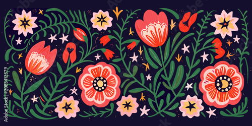 Floral ornament with pink and red blossoms on a dark navy background