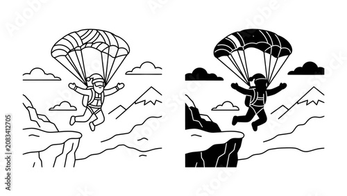 Tablou pe pânză Skydiving Adventure: A thrilling depiction of a skydiver leaping from a cliff edge, descending gracefully with an open parachute against a backdrop of mountains and clouds