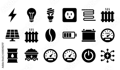 Minimal Black Energy Icon Collection with Electricity Solar Heating Battery and Industrial Power Symbols