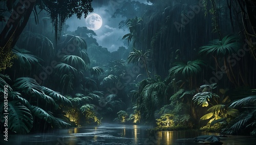 Tropical Jungle Stream Watercolor Background with Glowing Reflections.