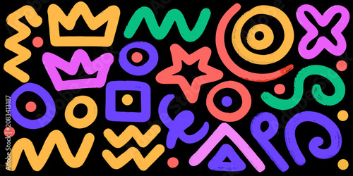 Slika na platnu Colorful abstract shapes and patterns on a black background