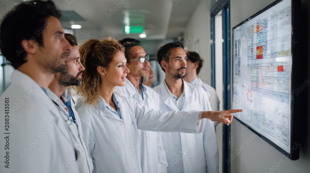 Fototapeta premium Medical researchers discuss patient charts on a wall mounted digital screen.