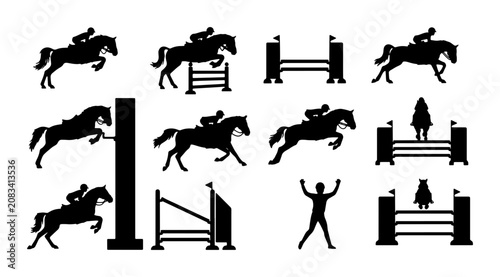 Cuadro en lienzo Equestrian Show Jumping Silhouettes, Horse Rider Competition Vector Icons, Dynam