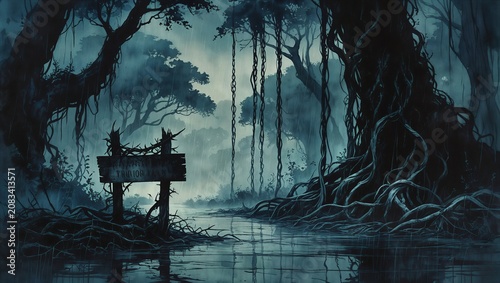 Haunted Forest Crossroad Watercolor Background with Old Wooden Signpost.