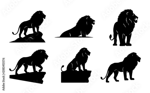 Canvas Print Majestic Lion Silhouettes, Powerful King of the Jungle Vector Icons, Wild Animal