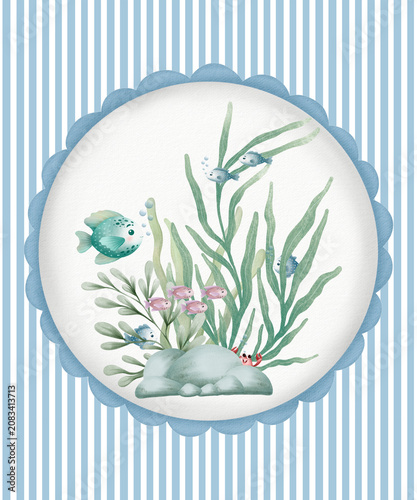 Watercolor nautical illustration with fishes, seaweed, and crab in a round frame on a striped background. Perfect for underwater branding, nursery decor, invitation cards, and packaging.