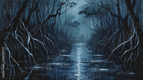 Foggy Forest Tunnel Watercolor Background with Twisted Branches Overhead.
