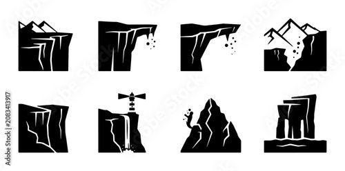 Schilderij op canvas Cliff Icons, Mountain Landscapes, and Waterfall Vector Graphics: Dramatic Geolog