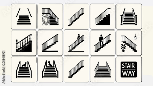 Fifteen black and white stair and stairway icons on cream background stair icon