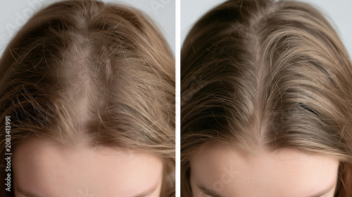 A split image focuses on a woman's scalp, showing thinning hair before and a fuller appearance after hair treatment.