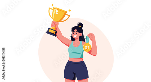 Proud athletic woman in sportswear holds a gold winner trophy and a gold medal to celebrate her first place victory in a competition.