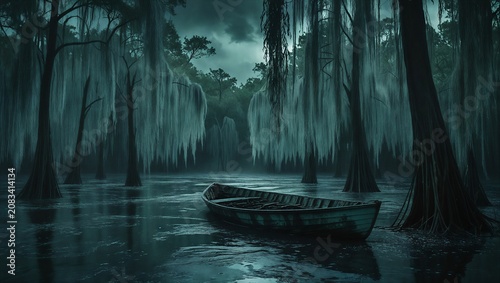 Foggy Woodland Lake Watercolor Background with Lonely Boat Reflection.