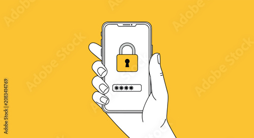 Hand holding a smartphone with a locked padlock security icon and PIN code password input screen on a bright solid yellow background.