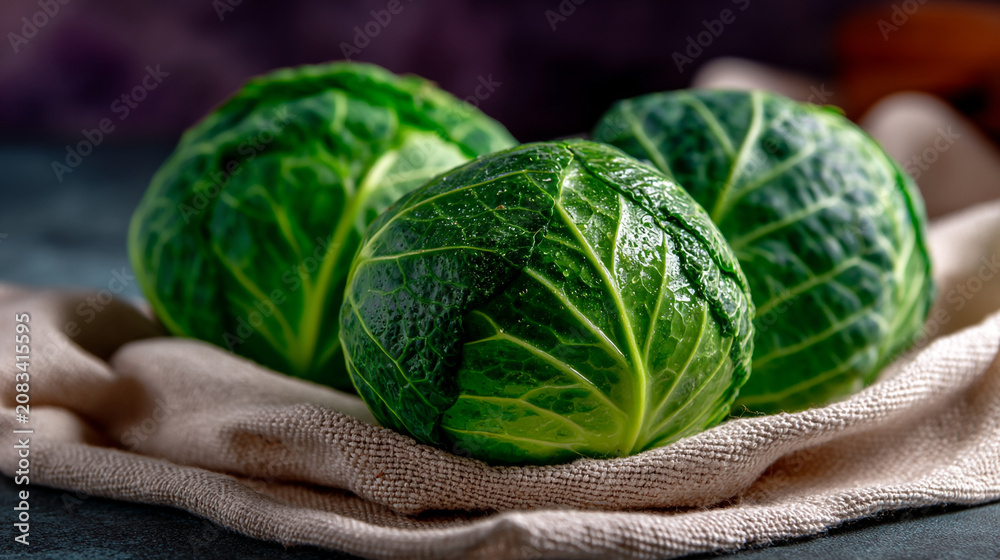 Fototapeta premium Three fresh green cabbages resting on a soft textile cloth with farm to table, raw food
