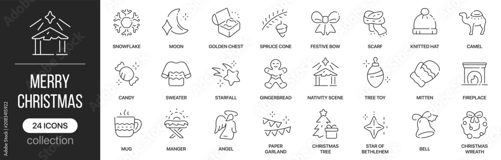 Obraz premium Merry christmas linear icons covering seasonal traditions and holiday decorations. Contains nativity, angel, gingerbread, wreath, ornaments, winter clothing and festive celebration elements