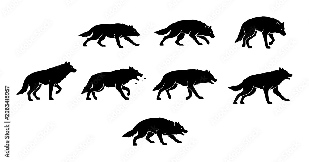 Obraz premium Wolf Silhouette Animation Sequence, Predatory Animal Motion Frames, Wildlife Creature Walking Cycle, Wild Canine Illustration, Vector Pack