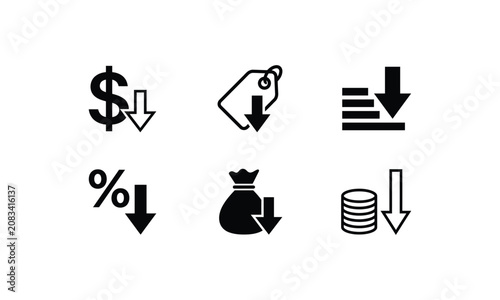 Set icons of falling price and cost reduction.