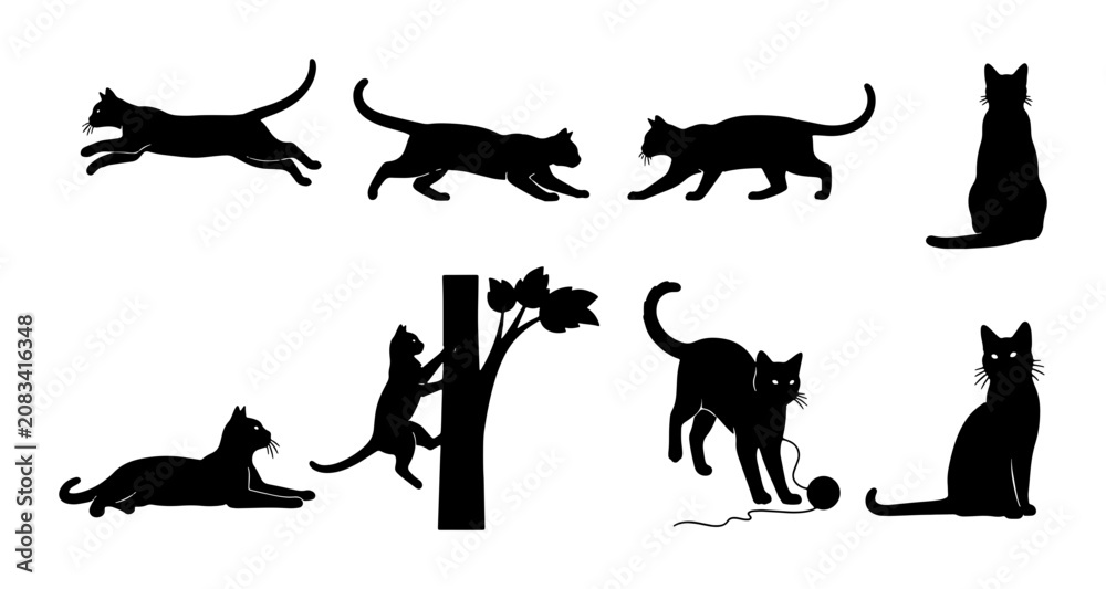 Fototapeta premium Black Cat Silhouettes Collection: Playful Feline Poses, Vector Art for Pet Lovers, Animal Graphics, Domestic Companions, Wildlife Art