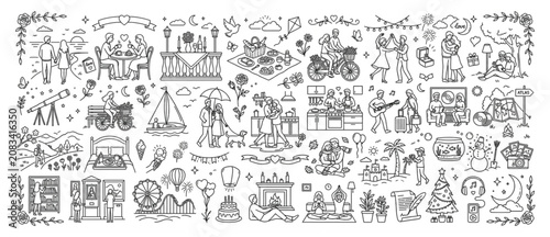Obraz na plátne Large set of romantic date night and wedding activities hand drawn line art illu