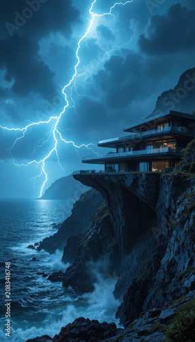 Modern cliffside house overlooks turbulent ocean, illuminated by dramatic lightning against dark, stormy sky. scene evokes sense of awe and power of nature