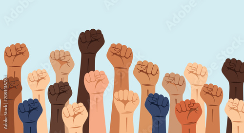 Diverse group of raised fists representing social justice international solidarity and human rights.