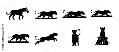 Bild auf Leinwand Black Silhouette Big Cats Vector Pack: Lions, Panthers, and Rhinoceros Icons for