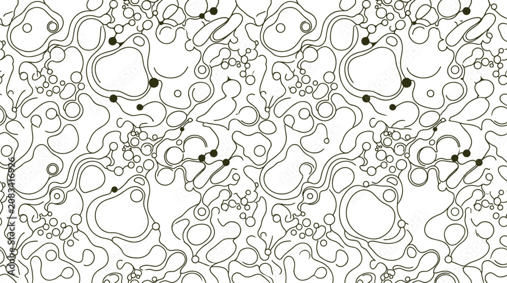 Fototapeta premium Seamless pattern with organic shapes and thin black lines resembling biological cells or molecules