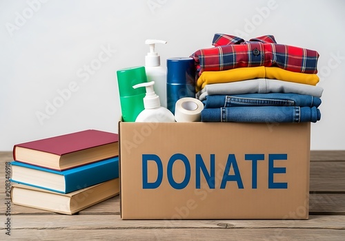 Cardboard box with donated clothes, toiletries, and books on wooden table