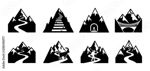 Mountain Path Icons, Summit Adventure Symbols, Hiking Trails & Journey Graphics, Set of 8 Vector Illustrations
