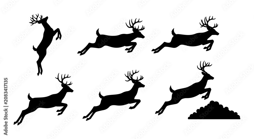 Fototapeta premium Deer Silhouette Collection, Wildlife Animal Vector Graphics, Forest Creature Poses, Hunting and Nature Elements, Black and White Illustration