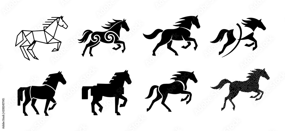 Fototapeta premium Diverse Horse Silhouettes Collection, Galloping Equine Vector Icons, Stylized Animal Graphics, Set of 8 Horse Illustrations for Design