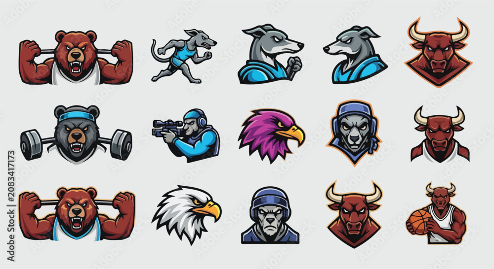 Obraz premium Collection of sports mascot character designs featuring bears bulls eagles and wolves.