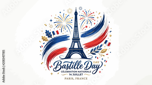 Eiffel tower celebrates bastille day with fireworks and french flags on white background