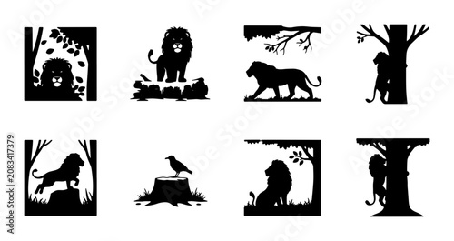 Photography Lion Silhouette Collection, Wildlife Vector Art, Majestic Animals in Natural Sce