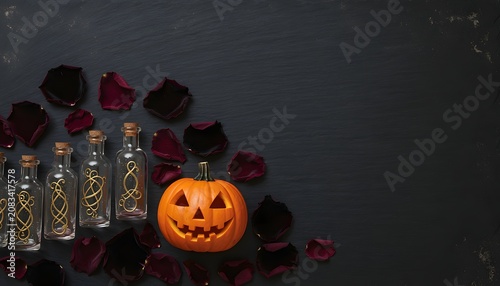 Stylized flatlay of vintage potion bottles, dark red rose petals, and a small carved pumpkin on a dark textured surface.
