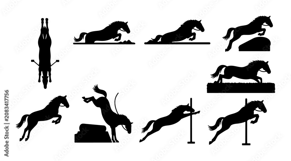Fototapeta premium Equestrian Show Jumping Silhouettes, Horse Jumping Vector Icons, Dynamic Horse Poses for Sports and Competition Graphics