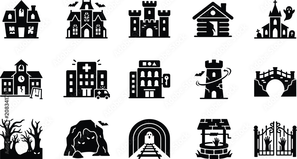 Naklejka premium Set of black halloween haunted house building and spooky landscape icons