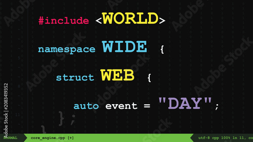 Photos World Wide Web Day celebration code snippet neon colorful syntax highlighting on