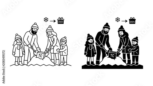 Konstfotografi Family Digging for Gifts in the Snow: A heartwarming scene of a family, including parents and two children, working together to dig for presents buried in the snow