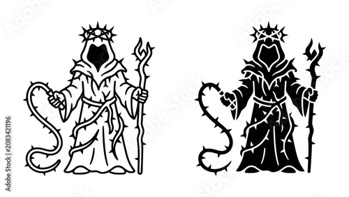 Obraz na płótnie Mysterious hooded figure with a crown of thorns, holding a whip and staff, depicted in both outline and silhouette