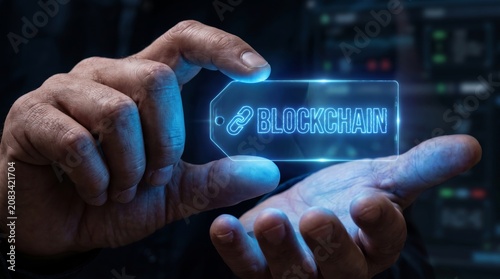Hand holding a futuristic holographic blockchain digital tag representing secure decentralized network technology