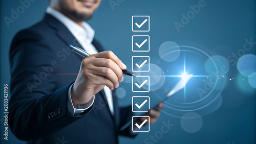 Professional Businessman Marking Checkboxes on Digital Interface in Dark Suit